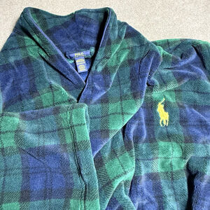 Polo Ralph Lauren Robe Mens Large Green Plaid Fleece Bathrobe Belted Lounge L/XL